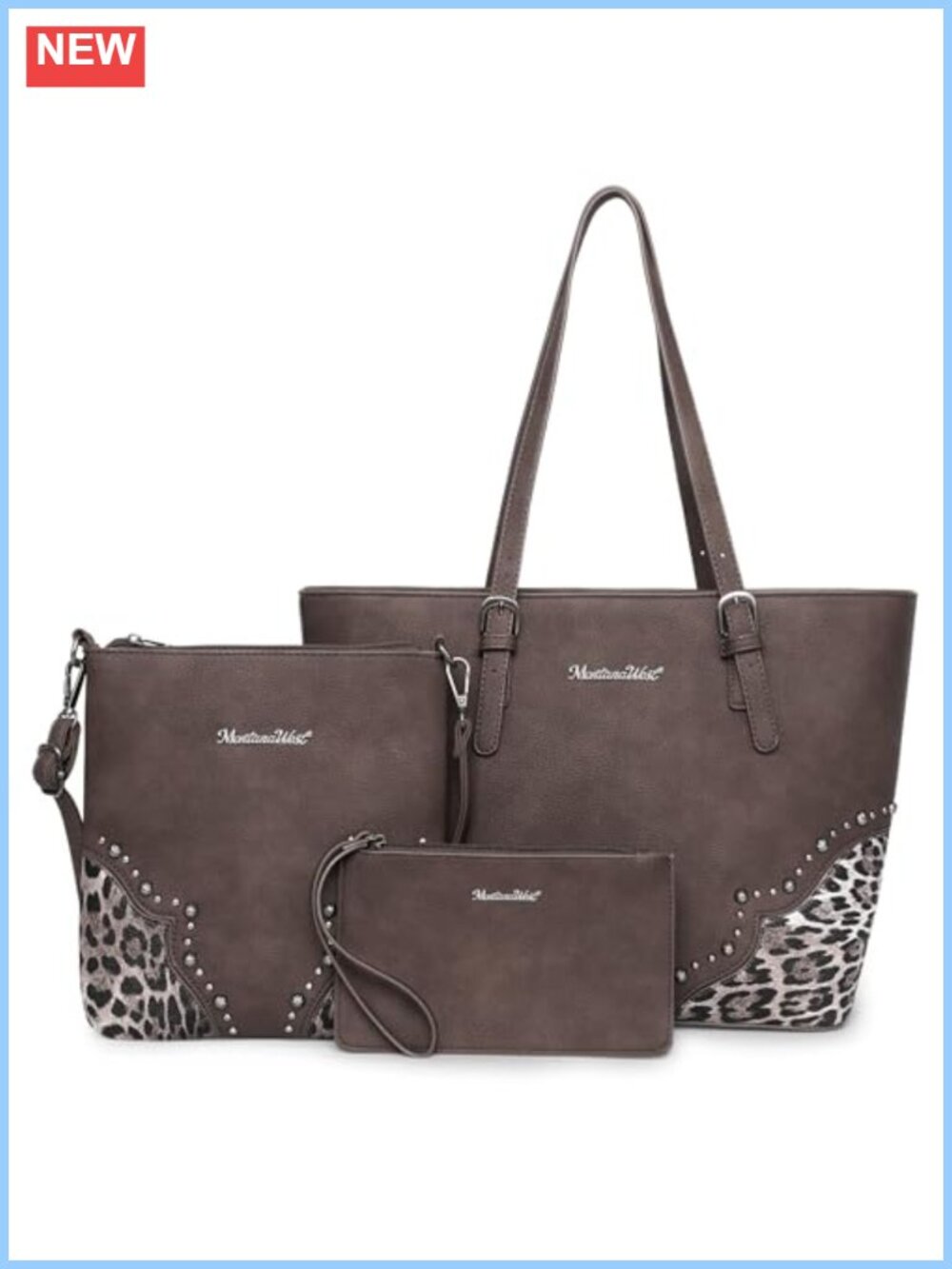3Pc Leopard Print Tote Crossbody Satchel Handbag Wallet Set Western Studded